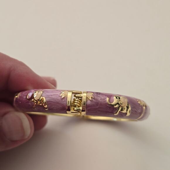 JTF Elephant Palm Tree Bangle Bracelet Gold Purple Pink Enamel - Picture 6 of 10
